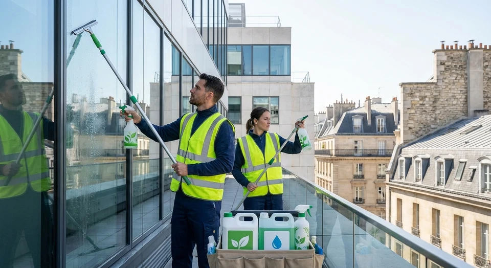 Une &eacute;quipe de nettoyage professionnels portant des v&ecirc;tements de travail adapt&eacute;s (gilets de s&eacute;curit&eacute;, uniformes) utilisant des produits &eacute;colabellis&eacute;s lors d'une intervention de nettoyage. Montrer des agents appliquant des produits de nettoyage &eacute;cologiques sur une surface professionnelle (vitres, fa&ccedil;ade ou sol), avec des produits reconnaissables comme respectueux de l'environnement. L'image doit transmettre la professionnalit&eacute;, la ma&icirc;trise technique et l'engagement &eacute;cologique lors d'une v&eacute;ritable intervention de nettoyage.