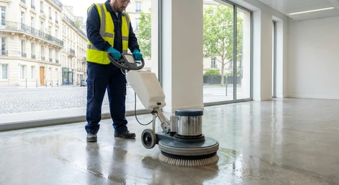 Gros plan sur un professionnel du nettoyage en uniforme et équipement de protection (gilet, gants) opérant une monobrosse rotative ou un nettoyeur haute pression sur une surface de sol intérieur (carrelage ou béton) dans un bâtiment professionnel. L'image doit montrer clairement l'équipement professionnel et la technique de nettoyage en action, mettant en évidence l'expertise et le sérieux du travail effectué.