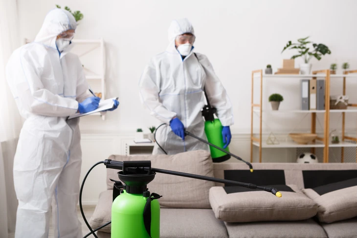 Deux techniciens en combinaisons de protection intégrale blanches avec masques effectuent une désinfection professionnelle dans un salon moderne