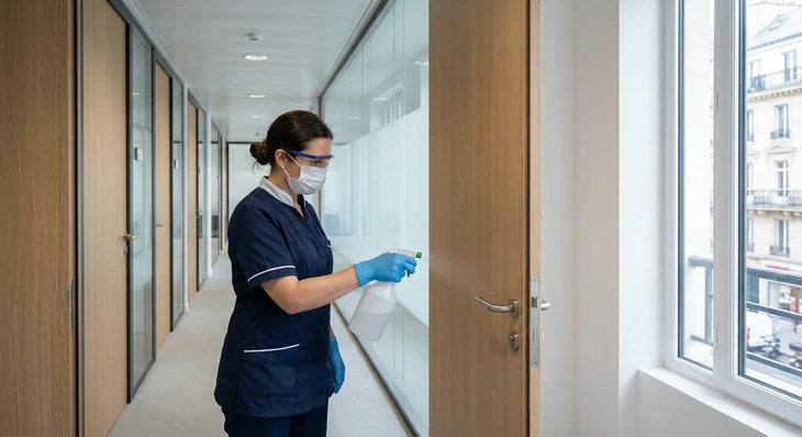 Agent de nettoyage professionnel en uniforme et gants, pulvérisant un désinfectant virucide sur une surface de porte, poignée ou surface commune d'un couloir de bâtiment résidentiel ou tertiaire. L'arrière-plan montre un environnement intérieur professionnel bien entretenu. L'image capture l'action claire de désinfection virucide sur une surface à risque de transmission virale.