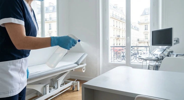 Vue rapprochée d'un agent de nettoyage en uniforme professionnel gantés pulvérisant un désinfectant sur une surface d'une salle de consultation ou d'examen médicale (plan de travail, surface de meuble médical, ou surface dure), dans un cabinet médical propre et moderne. L'image doit montrer clairement l'action de désinfection et l'environnement professionnel médical.