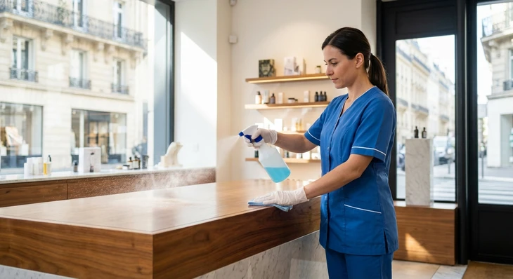Agent de nettoyage professionnel en uniforme bleu et gants blancs, équipé d'une pulvérisateur de désinfectant, appliquant un traitement désinfectant sur une surface de comptoir en marbre ou en bois clair dans une boutique ou magasin commercial moderne. L'arrière-plan montre des produits en rayonnage ou une vitrine commercial. L'image doit montrer clairement l'action de désinfection professionnelle et l'environnement d'un espace de vente.