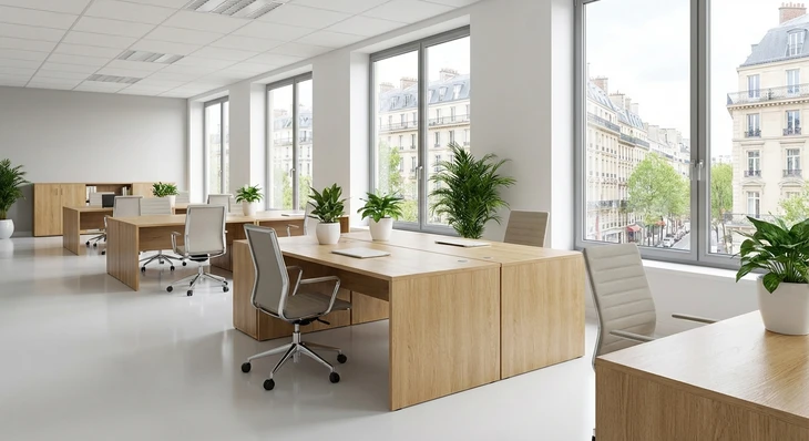 Intérieur de bureau moderne et lumineux avec bureaux en bois clair, chaises ergonomiques, plantes vertes, fenêtres avec vue naturelle. Les surfaces sont visiblement propres et bien entretenues, sans poussière. La scène montre un espace de travail professionnel impeccable et agréable, mettant en avant la propreté et l'hygiène des locaux.