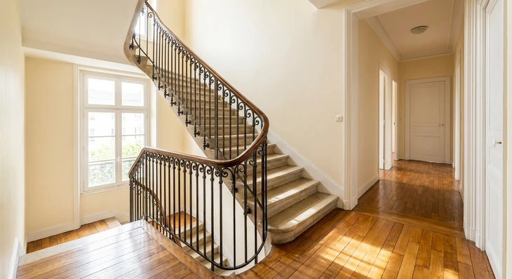 Intérieur résidentiel, personne effectuant l'entretien d'un escalier en bois avec aspirateur à main équipé d'une rallonge télescopique