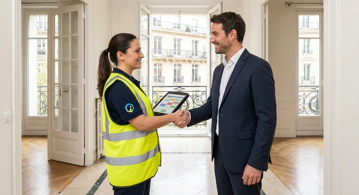 Responsable ou agent de nettoyage professionnel en uniforme de travail (gilet haute visibilité ou tenue de nettoyage) en train de discuter ou faire un geste amical avec un gestionnaire immobilier ou responsable de copropriété (en tenue business), face à face dans un couloir d'immeuble ou un hall, symbolisant la communication et le suivi client fiable. Les deux personnes doivent montrer une interaction positive et professionnelle.