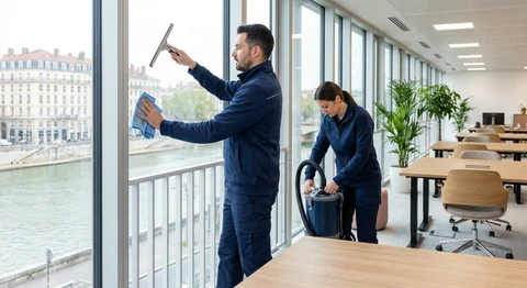 Bureau moderne avec personnel de nettoyage professionnel en uniforme bleu désinfectant postes de travail