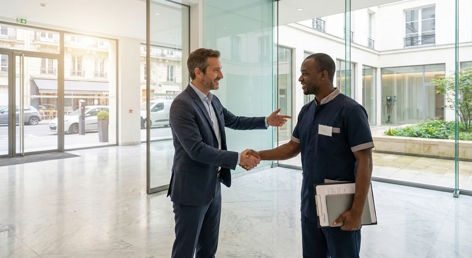Une photo montrant un gestionnaire d'actifs ou un syndic inspecrant un espace immobilier professionnel propre et bien entretenu (couloir de bureau, hall d'immeuble ou entrée de bâtiment collectif), en conversation avec un agent de nettoyage en tenue professionnelle qui montre des équipements ou des documents de suivi contractuel. La scène doit transmettre la confiance, le sérieux, et la relation partenaire durable entre l'entreprise de nettoyage et ses clients B2B. L'accent doit être mis sur la qualité de l'entretien visible et la communication professionnelle.