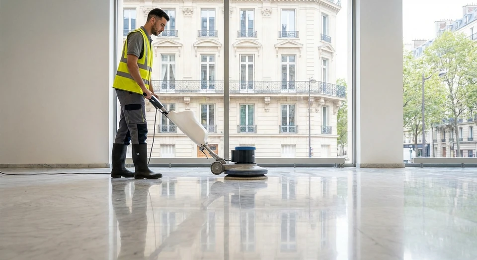 Professionnel du nettoyage en équipement professionnel (gilet, chaussures de sécurité) appliquant un traitement spécialisé sur un sol en carrelage ou marbre avec un équipement professionnel adapté (mélangeur, produit de traitement spécifique ou polisseuse). L'image doit montrer clairement l'action de traitement d'une surface pour préserver son esthétique et sa durabilité. Détails nets, lumière naturelle ou bien éclairée, cadre professionnel intérieur moderne.