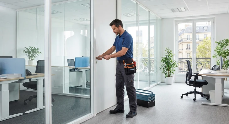 Technicien de maintenance en tenue professionnelle effectuant une intervention simple de maintenance dans un bureau moderne : ajustement d'une poignée de porte, réparation d'un luminaire, ou intervention sur une installation basique. L'environnement doit être clairement celui d'un lieu professionnel tertiaire (bureau, open-space, couloir d'immeuble). Le technicien doit être équipé d'outils adaptés et la scène doit transmettre l'efficacité, la rapidité et le professionnalisme.
