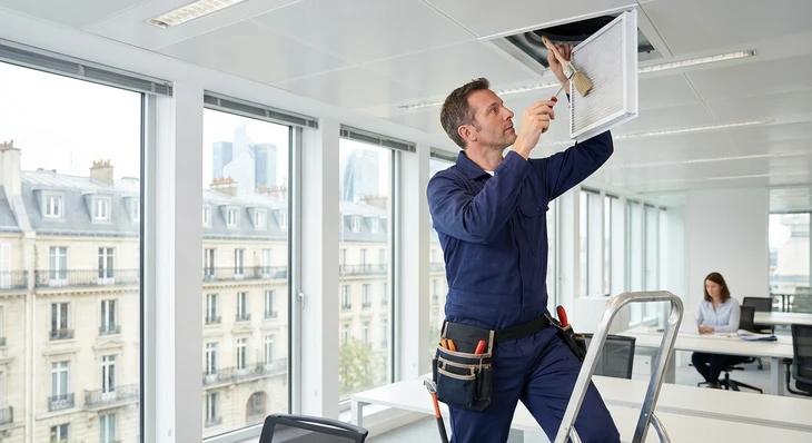 Photographie d'un technicien de maintenance en tenue professionnelle bleu marine effectuant une intervention courante dans un environnement de bureau tertiaire : débouchage ou maintenance d'une conduite d'aération murale, ou nettoyage/remplacement d'un filtre de climatisation accessible. Le technicien utilise des outils adaptés simples (brosse, tournevis) et se tient dans une posture d'action concentrée. L'environnement est clairement un bureau moderne ou couloir professionnel. La scène exprime l'efficacité et la réactivité, en couvrant une thématique de maintenance (ventilation/aération) distincte des réparations électriques, serrurerie et éclairage déjà illustrées.