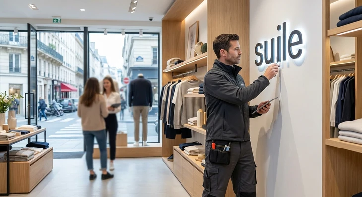 Technicien de maintenance en tenue professionnelle gris ou bleu marine effectuant une intervention courante dans un magasin de détail moderne : remplacement ou réparation d'une enseigne lumineuse murale, d'une porte d'accès, ou d'un système d'éclairage en rayon. Le technicien est équipé d'outils simples adaptés et travaille dans un environnement clairement identifiable comme un espace commercial (rayonnages de produits visibles, agencement de magasin). L'arrière-plan montre l'activité normale du magasin (client ou vendeur) pour contextualiser l'intervention en milieu commercial. La scène exprime l'efficacité, la discrétion et la réactivité de l'intervention en environnement client.