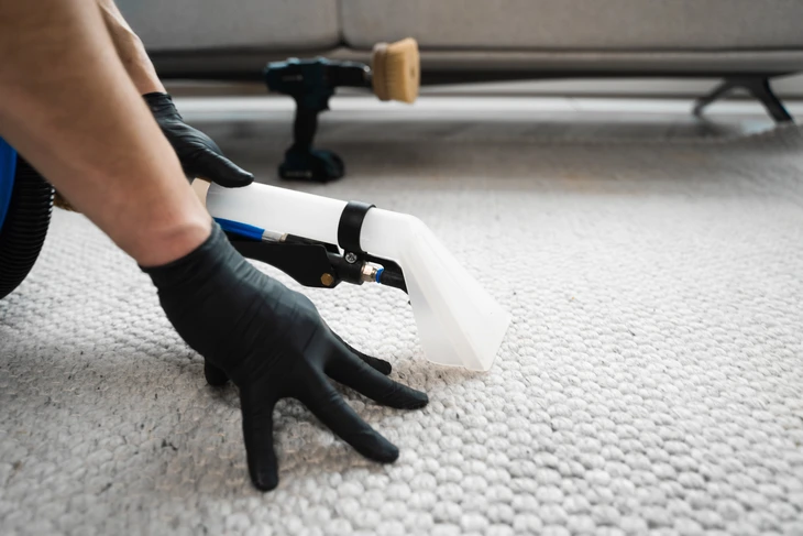 Un professionnel en tenue de travail blanc et bleu nettoie un canapé beige à l'aide d'un aspirateur à injection-extraction