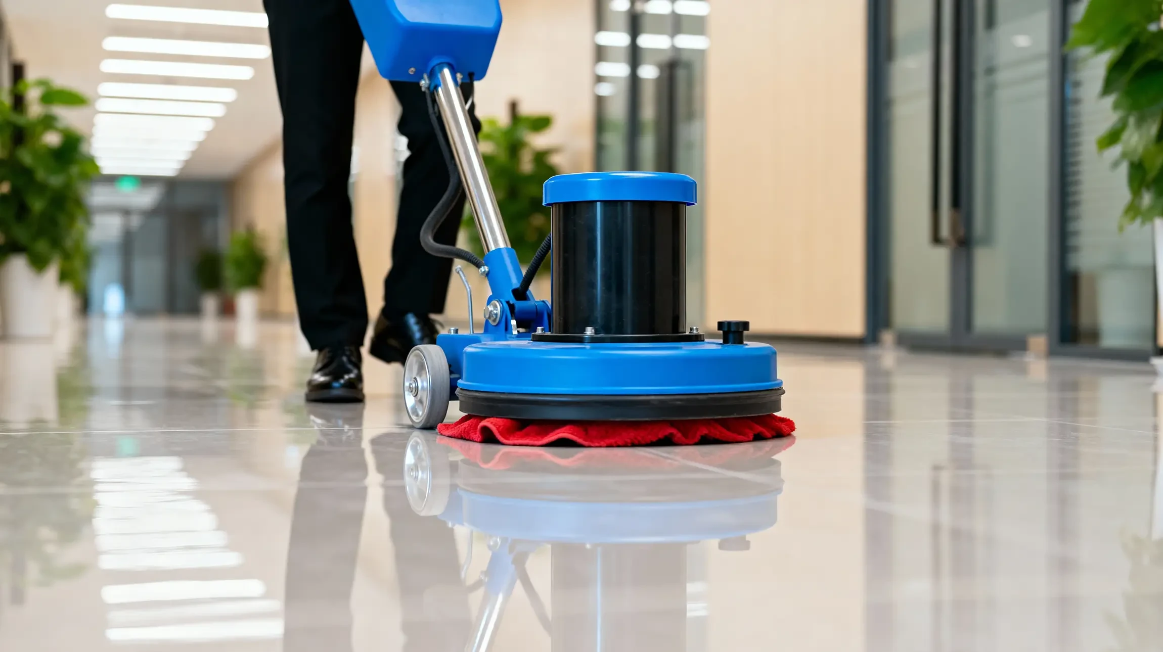 Couloir d'immeuble moderne avec chariot de nettoyage professionnel en premier plan