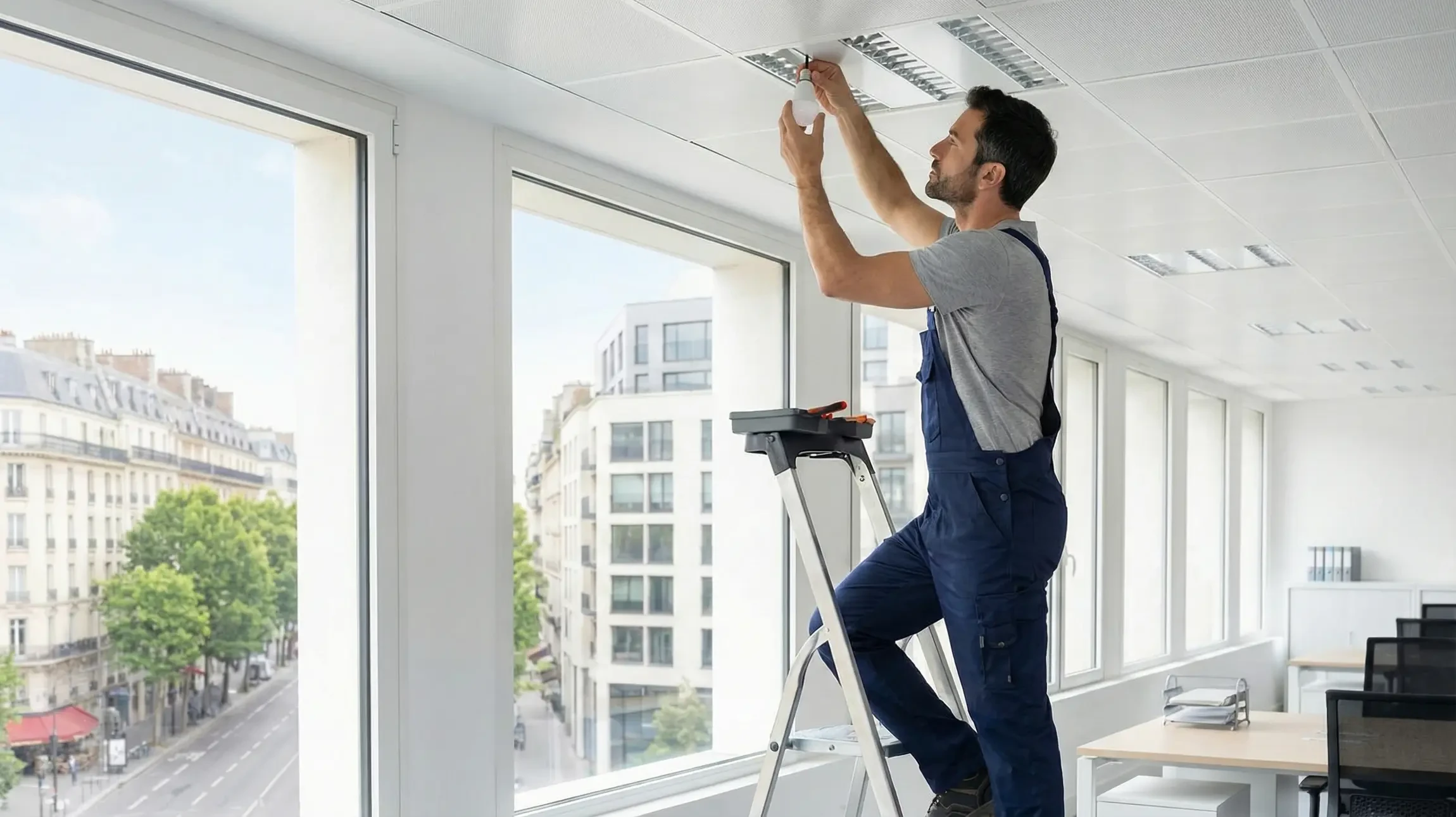 Photographie en gros plan d'une équipe de deux agents de nettoyage professionnel en uniforme blanc ou bleu marine, équipés de matériel de nettoyage (balai, mop, spray professionnel), travaillant activement dans un bureau moderne et lumineux. L'un des agents effectue le nettoyage d'une surface de travail ou du sol, l'autre prépare l'équipement. L'arrière-plan montre un environnement professionnel d'entreprise (bureau, espace ouvert, fenêtres). La scène doit transmettre l'efficacité, la réactivité et le professionnalisme.