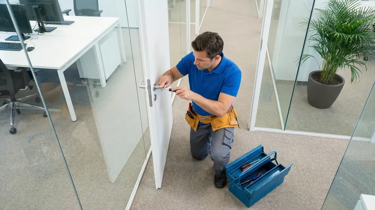 Technicien en tenue professionnelle bleu marine ou grise effectuant une intervention de maintenance courante dans un bureau tertiaire : remplacement d'une ampoule LED dans un luminaire plafond, ou débouchage d'une climatisation/ventilation obstruée. Le technicien utilise des outils simples et adaptés (escabeau, tournevis) dans un espace de travail moderne clairement identifiable (open-space, bureau, couloir). La scène doit exprimer la réactivité, l'efficacité et le professionnalisme, et montrer une action distincte des réparations électriques/serrurerie déjà illustrées.