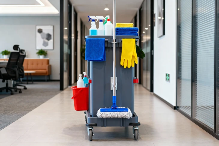 Trois professionnels en combinaisons de protection intégrale blanches effectuent une désinfection dans un couloir moderne d'immeuble