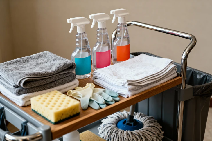 Photographie professionnelle montrant un assortiment de flacons et bidons de produits d'entretien et de désinfection professionnels disposés sur une table ou un rayonnage. Les produits doivent représenter une gamme variée (sprays, flacons pompe, bidons concentrés) avec étiquetages clairs suggérant des formulations professionnelles pour la désinfection et l'hygiène en milieu professionnel. L'image doit dégager sérieux et professionnalisme, claire et bien éclairée.