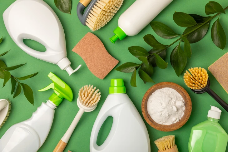 Scène d'intérieur présentant des produits d'entretien écologiques et naturels disposés sur surface en bois blanc
